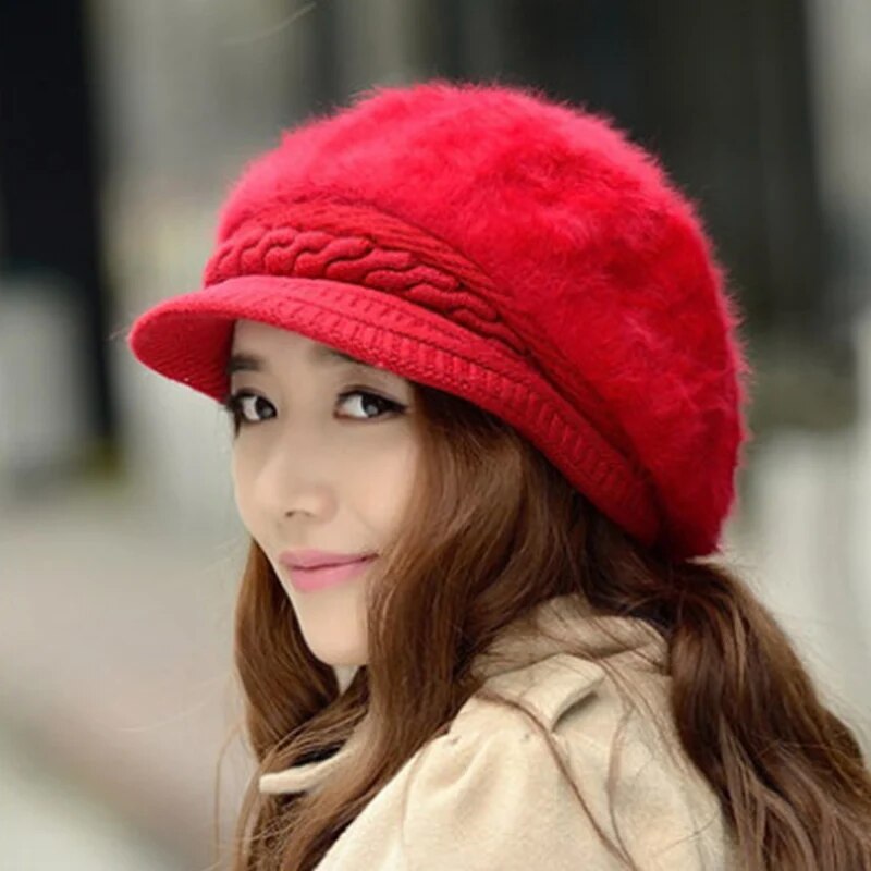 maoxiangshop New Women Beret Hats Fashion Winter Warm Rabbit Fur Knitted Beanie Ladies Female Casual Fleece Berets Cap bonnet hiver femme