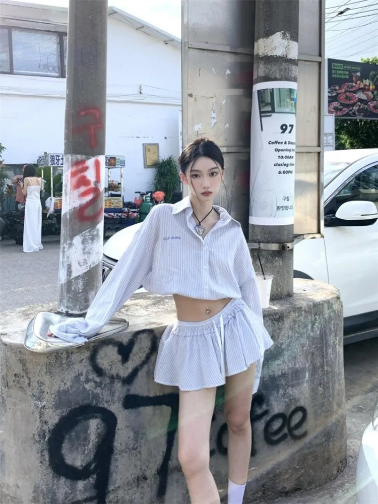 maoxiangshop - Blue Striped Set For Women'S Spring And Autumn Simple High Waisted Shirt Paired With A-Line Umbrella Skirt Two-Piece Set
