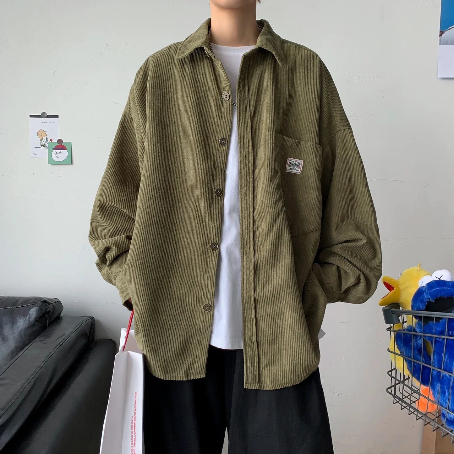 maoxiangshop Men Corduroy Shirts Harajuku Korean Loose Style Long Sleeve Vintage Streetwear Overshirt M-3XL
