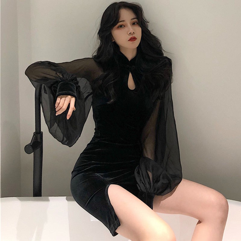 maoxiangshop Women's Cheongsam Qipao Dress Velvet Side Split Lantern Sleeve Slim Fit Long Sleeves Dress Mandarin Collar Mini Dress