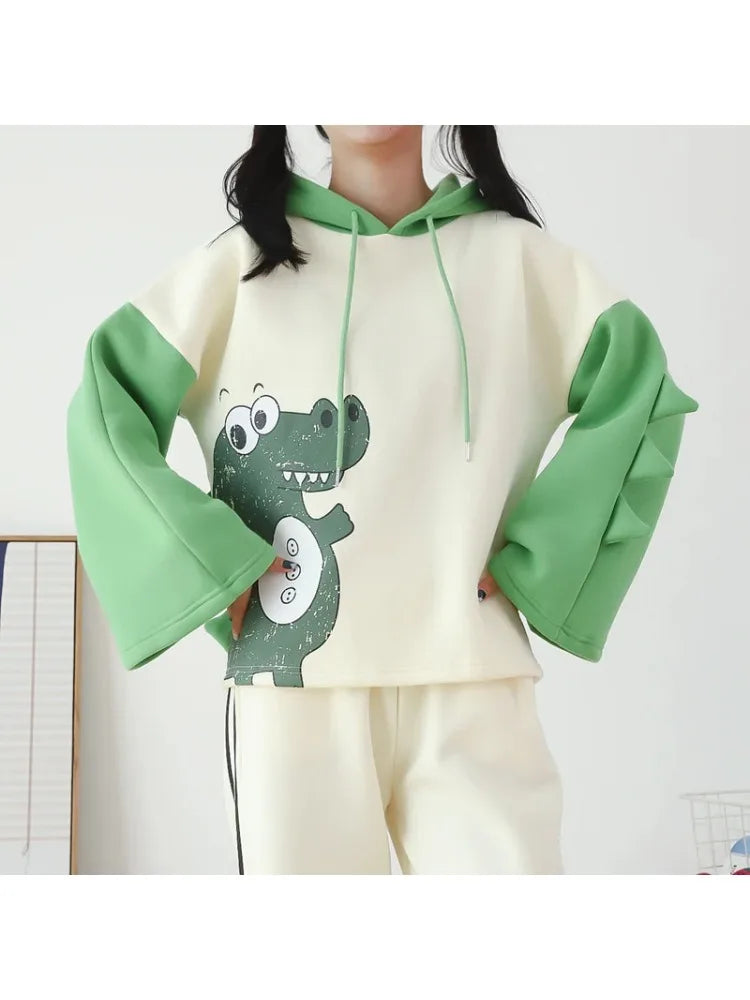 maoxiangshop Kawaii dinosaur print Harajuku Women Hoodies Fleece Hooded Sweatshirt Winter Sweet Style Korean Ladies Drawstring Tops