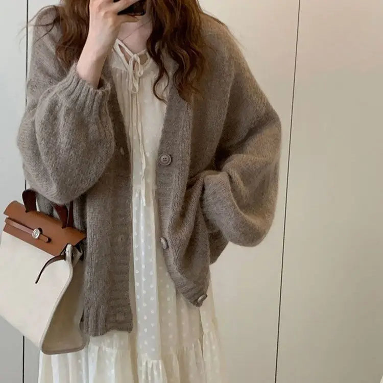 maoxiangshop Autumn Winter Fashion Casual Women's Tees Simple Soft Knitted Sweater Gentle Warm Cardigan Coat Temperament Office-Lady
