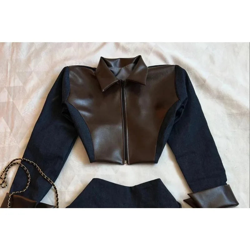 maoxiangshop - Y2K Harajuku Gothic Leather Jacket Casual Skirts Gothic Fashion Leather Patchwork Two Piece Clothing gothic Women Hot Sweetheart