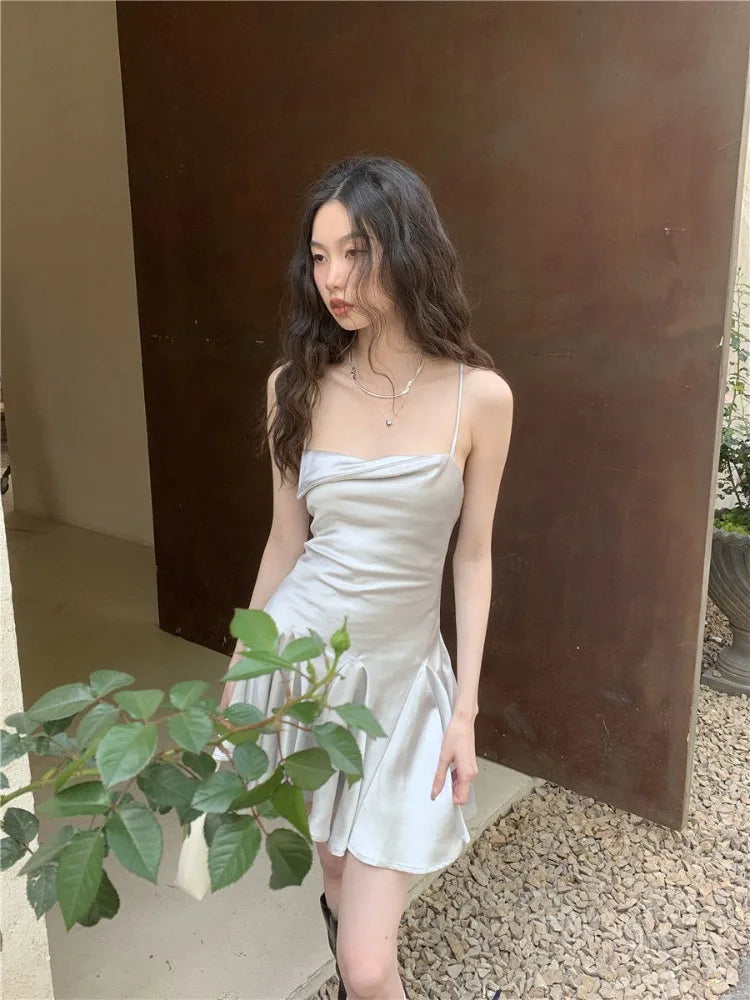 maoxiangshop Sexy Satin Mini Dress Summer Women Evening Party Dress Y2k Backless Beach Dresses Ruffle Bandage Korean Fashion