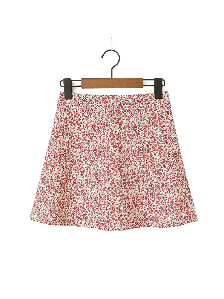 maoxiangshop - Cute Flower Print Ladies Summer A-Line Black Mini Skirts 2024 Girls Casual Zipper Fly Pink Short Skirt