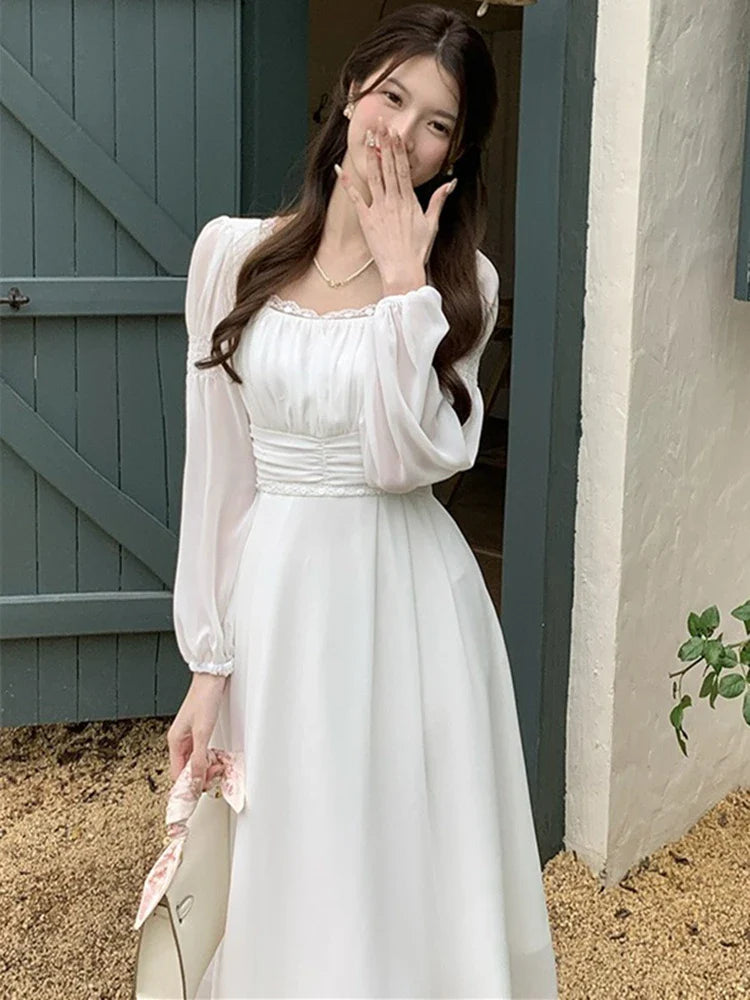 Spring Summer New Bodycon Lady Midi A Line Dress For Women Elegant Party Robe French Style Casual Clothing