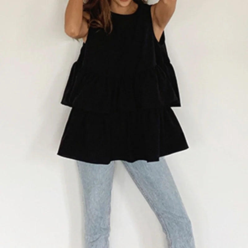 maoxiangshop - New Fashion Black Sleeveless Women's Summer Kawaii Round Neck T-shirt Top with Ruffled Cute Korean Women's Vest Top Loose