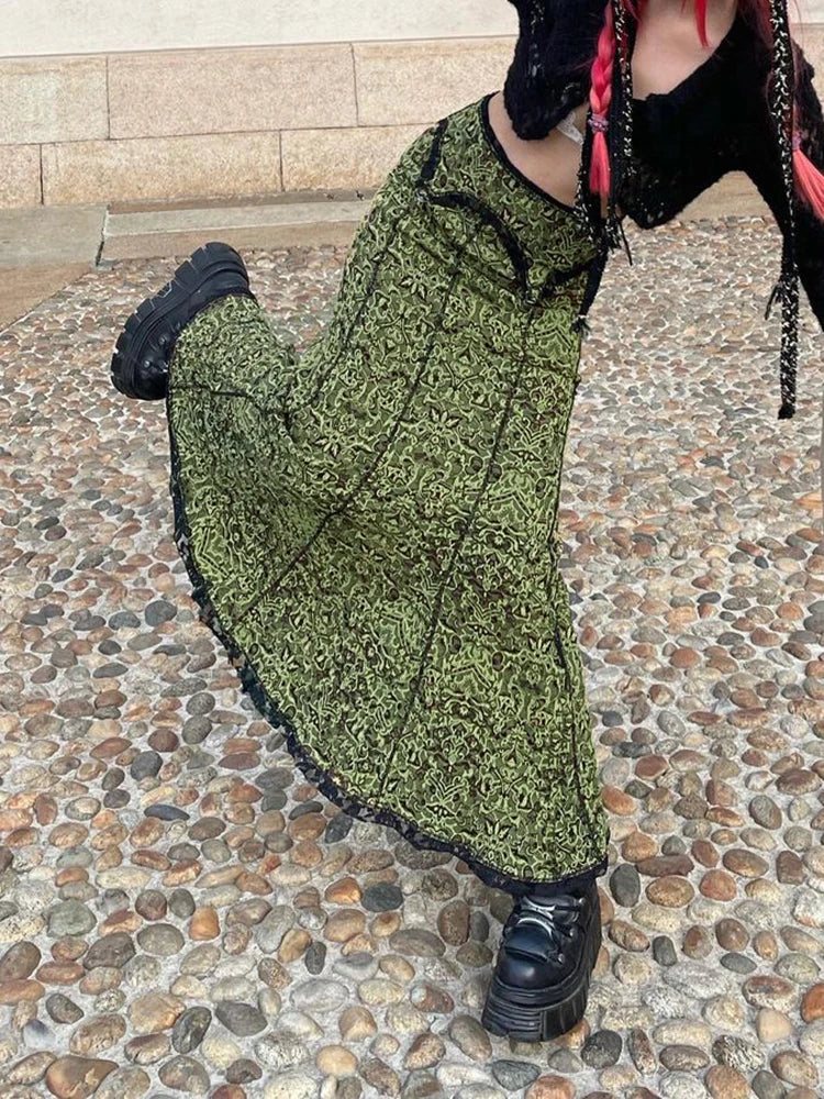 maoxiangshop Vintage Fashion Elegant Green Trumpet Long Skirt Graphic Printed Lace Trim Y2K High Waist Skirt Women 2000s Aesthetic