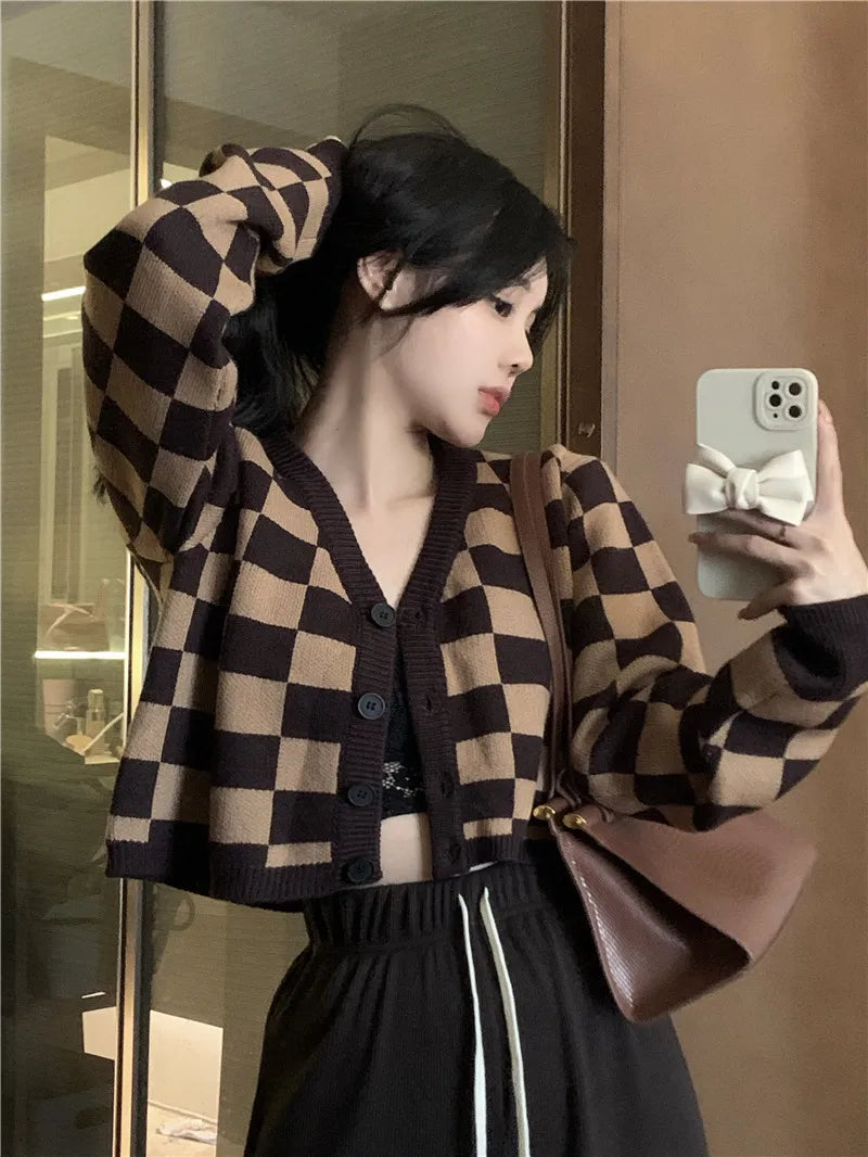 maoxiangshop Checkerboard Crop Cardigan V-neck Button Up Knitted Sweaters Women Autumn Winter Outfit