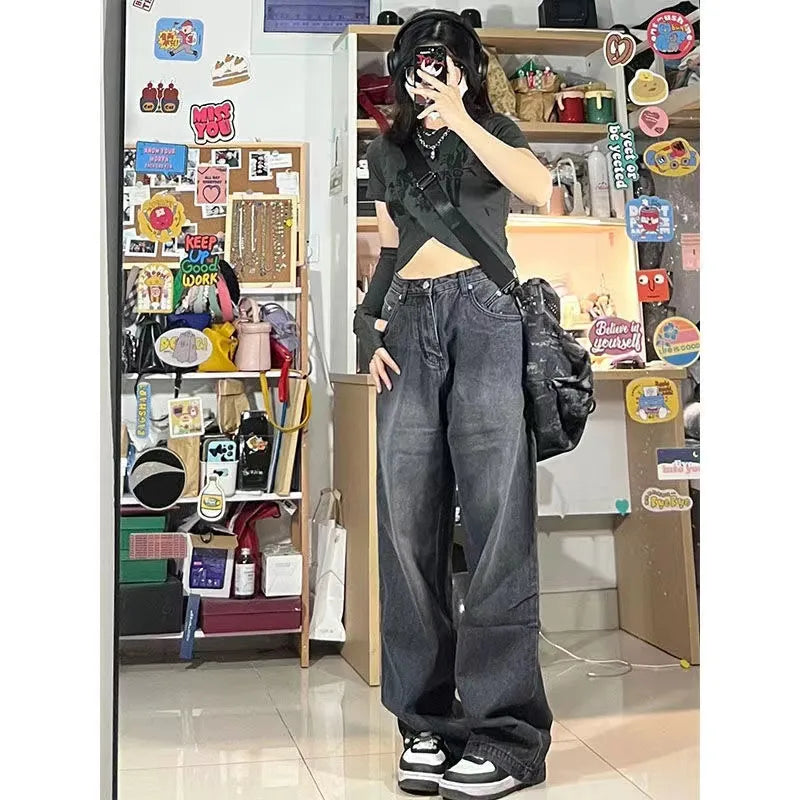 maoxiangshopWomen Vintage Streetwear Black Baggy Korean Jeans High Waiste Oversize Wide Leg Pants Grunge Denim Trousers Y2K Alt Clothes