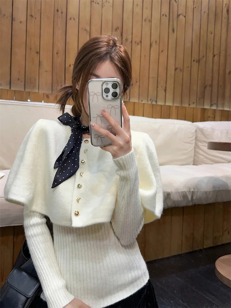 maoxiangshop - Vintage Red Poncho Sweater Women Ribbed Knitwear Two-Piece Set Pullover Korean Cutecore Long Sleeve Christmas Clothes