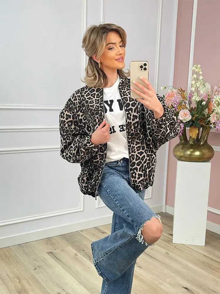 Fashion Leopard Zipper Long Sleeved Women's Jacket Retro Round Neck Street Casual Outerwears New Female Autumn Commute Coat