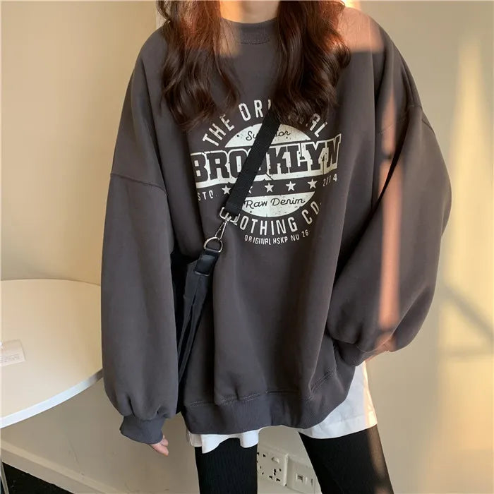 maoxiangshopHarajuku Gray Sweatshirts Women Hip Hop Letter Print Hoodies Oversized Loose Crewneck Pullover Tops Korean Streetwear