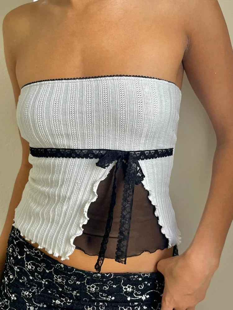 maoxiangshop - Splice Mesh Slim Crop Tops For Women Sleeveless Off Shoulder Sexy Backless Cute Top Ladies Bow Bandage Short Tees Femme