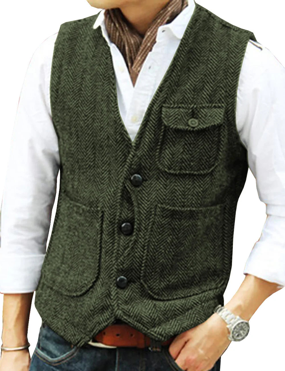 maoxiangshop Men's Vests Business Suit Vest Herringbone Tweed V Neck Formal Waistcoat For Wedding Suit Or Tuxedo Men Vest