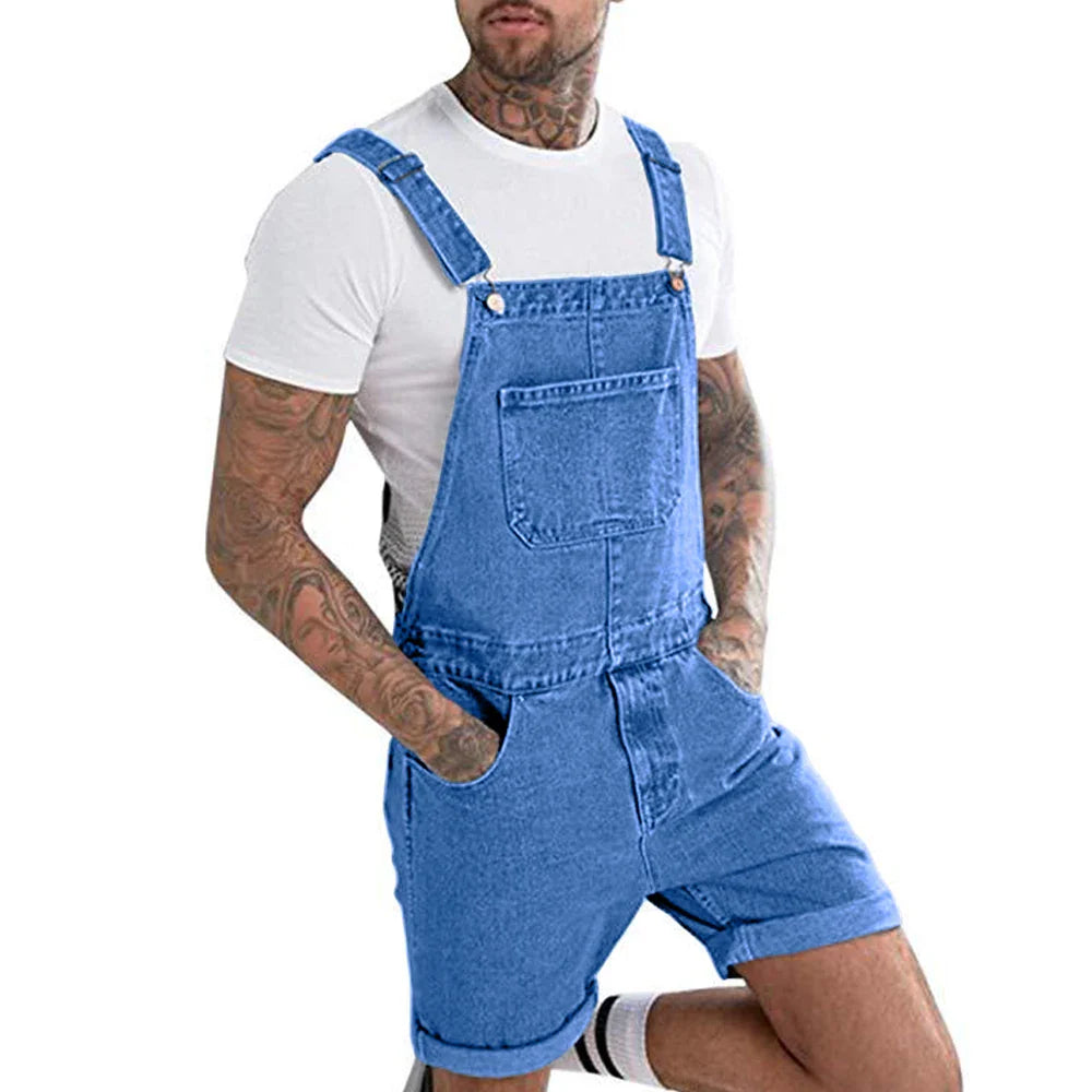 maoxiangshop Men's Vintage Jeans Overalls Solid Color Elastic Denim Jumpsuit With Pockets Men Summer New Casual Button Suspenders Short Pants