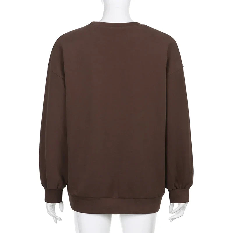 maoxiangshop - New Fall Trend Casual Long Sleeve Pullover Top Embroidered Oversized Brown Y2k Sweatshirt Ladies Winter Fashion Clothing