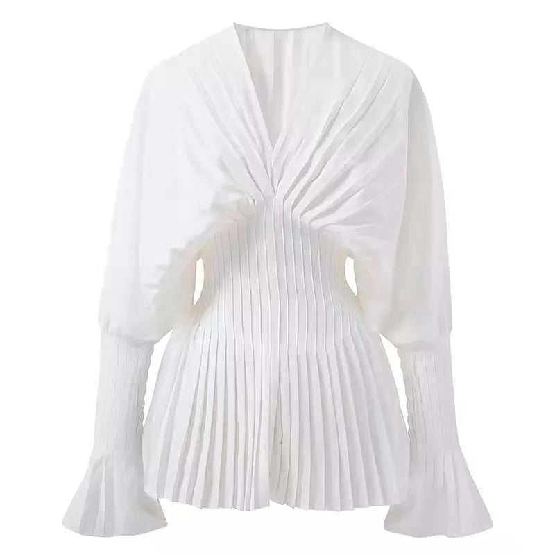 maoxiangshopElegant Women Loose White V-Neck Pleated Shirts Female Lantern Full Sleeve Tops Blouses Casual Blusas Spring Autumn