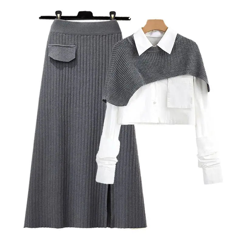 maoxiangshop Women's Autumn Dress Sets Female Loose Knit Shawl+Long sleeve Shirt+High Waist Knitted Half Skirt Three Piece Set Korean Fashion
