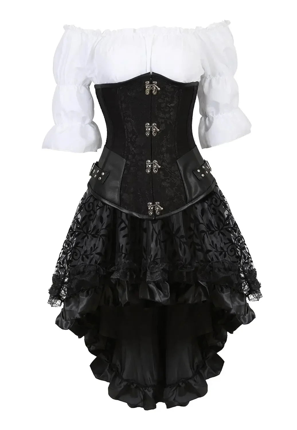maoxiangshop - Leather Corset Plus Size 3 Piece Outfits for Women Steampunk Steel Boned Bustier Underbust Skirt Blouse Set Pirate Rave Costume