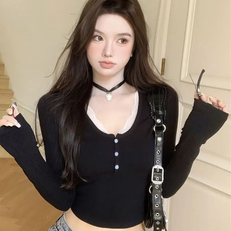 maoxiangshop-Coquette Lace T-shirts Women Y2k Aesthetic Black Long Sleeve T Shirts Korean Fashion Slim Corset Crop Tops Female Sexy