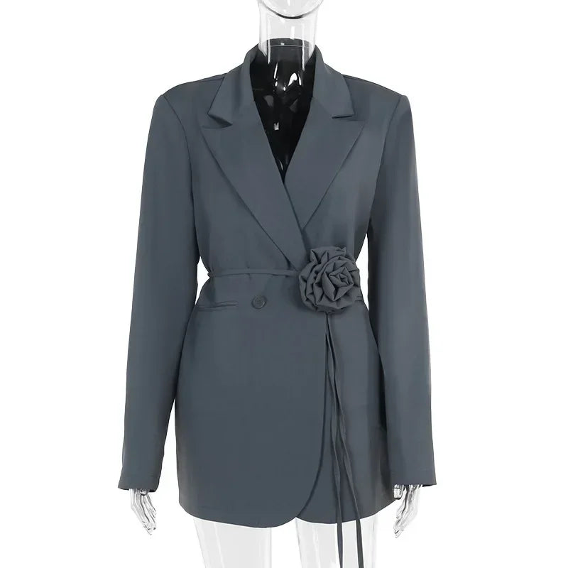 maoxiangshop - Fashion Flower Belt Blazers Office Women's Loose With Pockets Long Sleeve Coat Solid Color Casual Blazers 2024 Autumn New