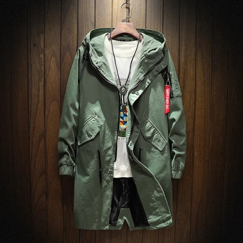 maoxiangshop Long Trench Coat Jacket Men Autumn Spring Black Hip Hop Japanese Coats Streetwear Male Hooded Army Green Casual Jackets