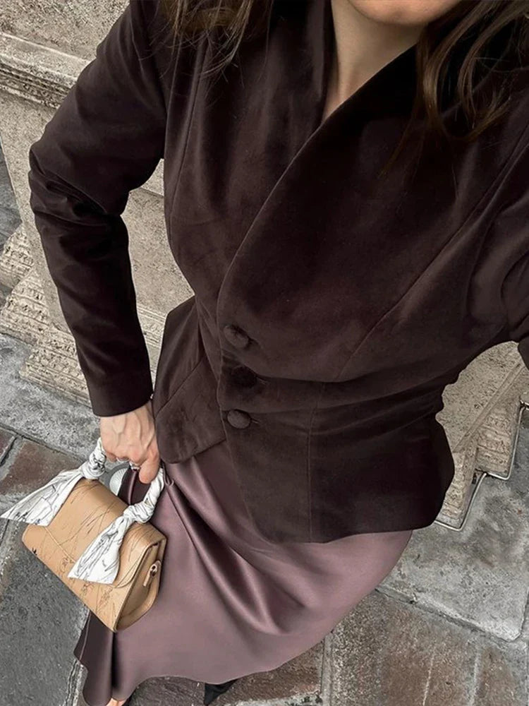 maoxiangshop - Vintage Velvet Stand Collar Short Coat Women Elegant Slim Solid V-neck Single-Breasted Coats Female Autumn Fashion Streetwear
