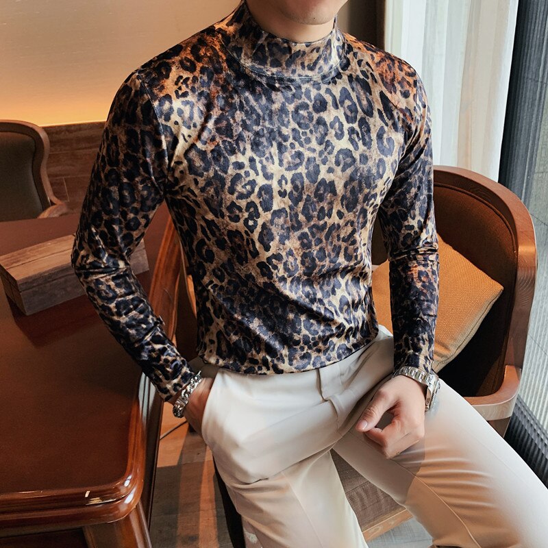 maoxiangshop Flannel T-shirt Winter Men High Collar Pullover Fashion Leopard Slim Fit T-shirt Long Sleeved Velvet Casual Bottoming Shirt