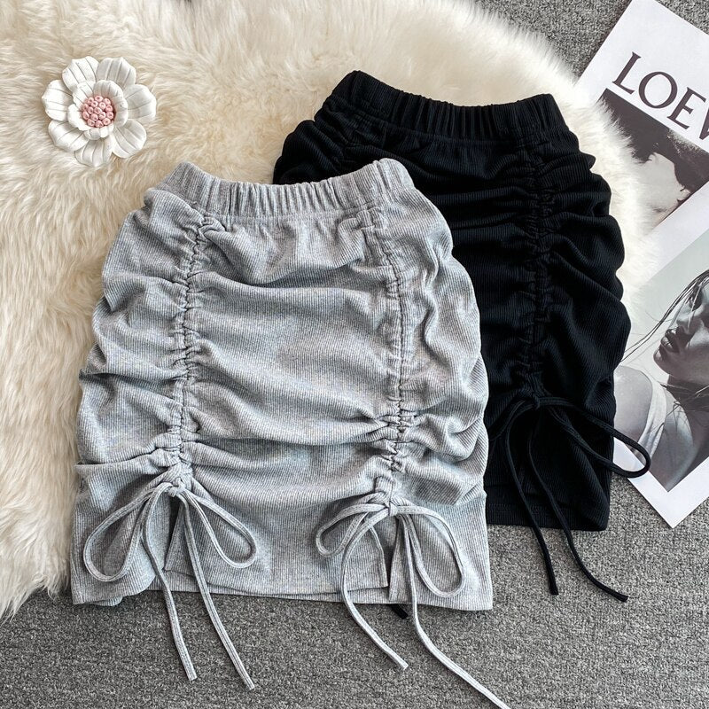 maoxiangshop Draw String Cotton Mini Skirt Girls Summer Elastic Waist Grey Black Split Folds Skirts Women Sexy Bottoms