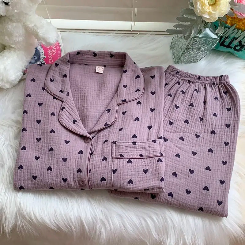 maoxiangshop - Cotton Double-layer Gauze Pajamas For Women's Fashion Cute Carrot Print Long Sleeve Tops + Pant Home Clothing Two-piece Set