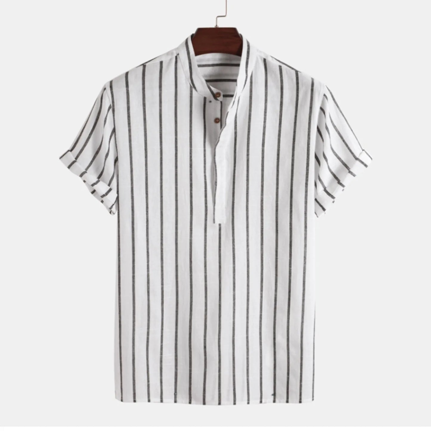 maoxiangshop Summer Blouse Male Casual Stripe Printing Shirt Short Sleeve Stand Collar Blouse Tops For Mens Outdoor Beach Shirts рубашка