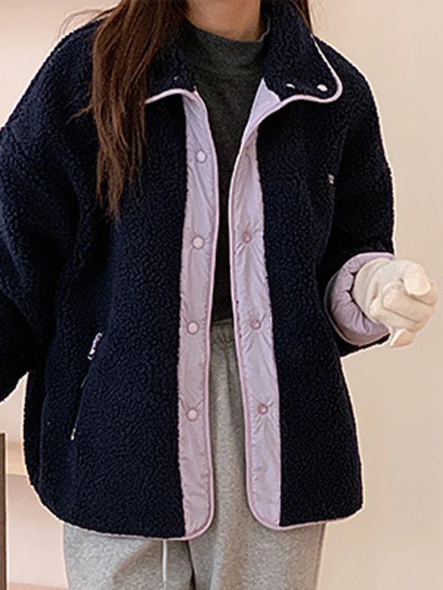 maoxiangshop - Patchwork Reversible Warm Jacket Women Single Breasted Long Sleeve Outerwear 2024 Autumn New Korean Fashion Casual Chic Coats