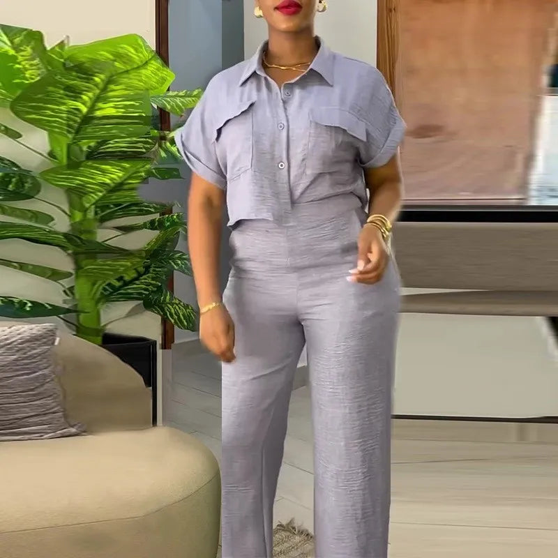 maoxiangshop Women's Two Piece Sets Spring Summer Casual Solid Turn-down Neck Short Sleeve Loose Top & Wide Leg Pants Set Streetwear Outfits