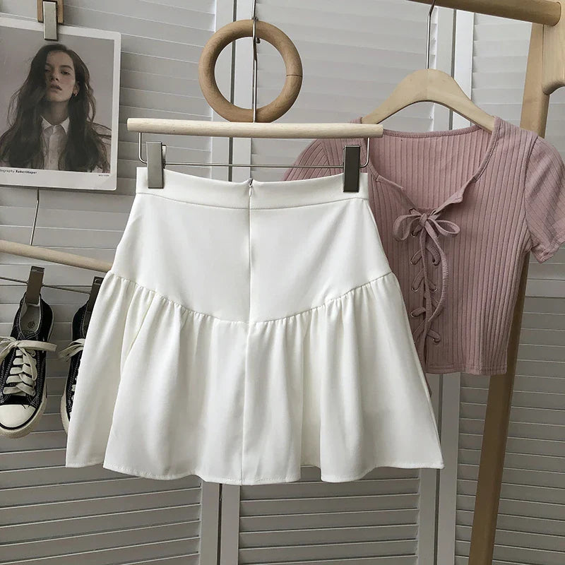 maoxiangshop - Women Korean High Waist Skirt Harajuku Preppy Solid Mini Short Skirt Ladies Casual Elegant Cute Sweet A-Line Skirts Female