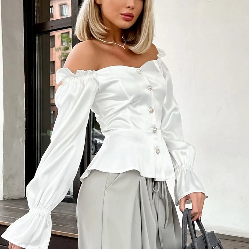 maoxiangshop - Elegant Women Shirt 2024 Autumn Winter Satin shirt White Ruffle Hem Buttoned Off Shoulder Strap Long Sleeve Slim Fit Blouse