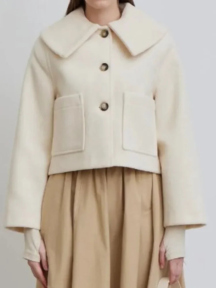 maoxiangshop - 2024 Warm Lapel Long Sleeved With Pocket Crop Jacket Women's Single Breasted Casual Coat Autumn Winter Ladies Street Outerwear