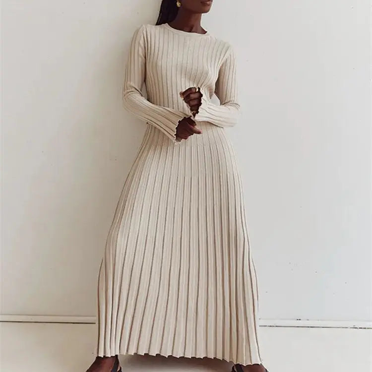 maoxiangshop - Fashion Long Sleeve Crewneck Tight Knitted Sweater Dress Autumn New Sweater Dress Women Pit Solid Color Base Dress elegant