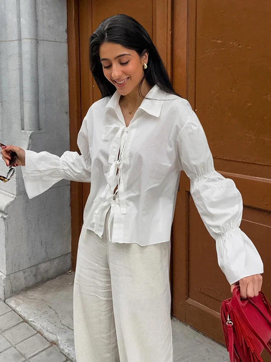 maoxiangshop - White Elegant Blouse Women Autumn New Chic Turndown Collar Lantern Sleeve Blouses Casual Fashion Lace-up Office Lady Shirts 2024