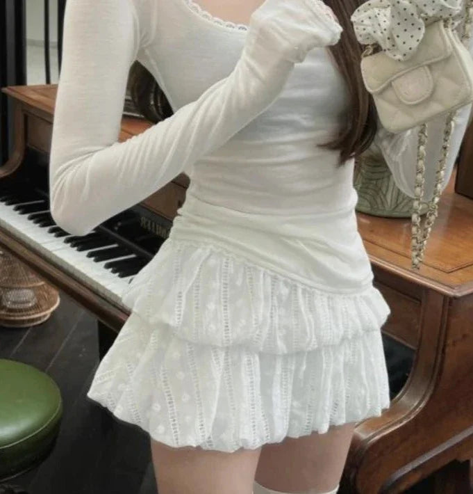 maoxiangshop Coquette White Skirt Women Summer Y2k Lace Patchwork Sexy High Waist A-line Cute Kawaii Korean Tutu Mini Skirt Fairycore