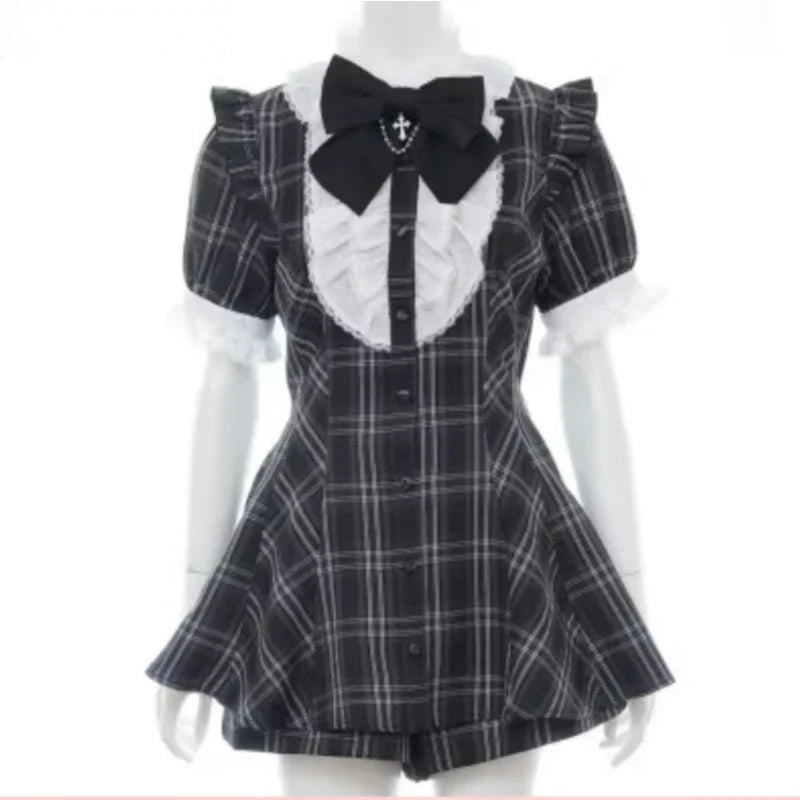maoxiangshop - Japanese Style Gothic Y2k Lolita Plaid Rhinestone Bow Dress Shorts Set Sweet Women Puff Short Sleeve Button Shirt Party Dresses