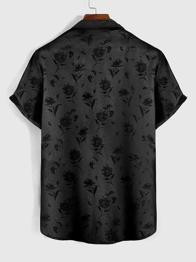 maoxiangshop Satin Shirts for Men Jacquard Rose Printed Silky Short Sleeve Shirt Summer Streetwear Button Blouse Tops