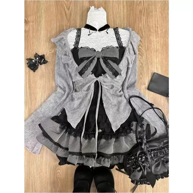 maoxiangshop - Sweet Lolita Lace Up Ruffles Cardigan+ Sexy Slim Fit Strapless Vest Tops+ High Waist Ruched Skirts Early Autumn Three Piece Sets