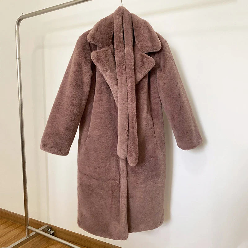 maoxiangshop - Luxury Winter Long Overcoats Women Oversized Lapel Belted Faux Rabbit Fur Coat Jacket Female Plus Size Outerwear Plush Fur Coats