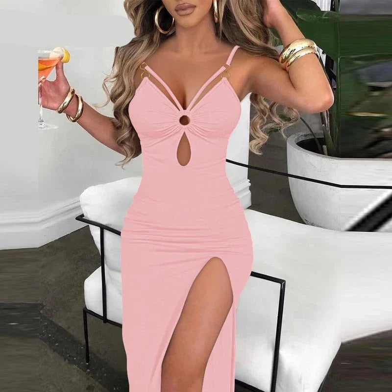 maoxiangshop Women Solid Sexy Spaghetti Straps Shirring High Silt Maxi Sexy Hole Decoration Dresses