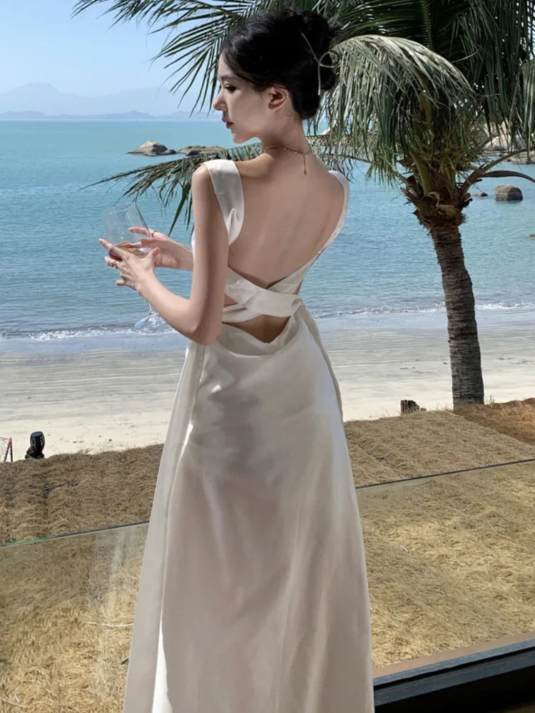 maoxiangshop - Sexy Backless Maxi Dress Women Camisole Lace Up Satin Vestidos Holiday Birthday Party Evening Gown Female Dresses Spring Autumn