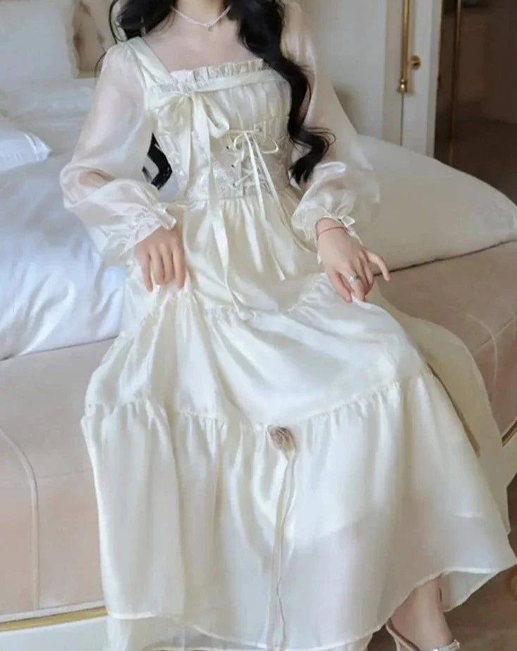 maoxiangshop French Elegant Solid Fairy Dress for Women Korean Sweet Long Sleeve Birthday Party Clothes Spring Summer Casual A-line Vestidos