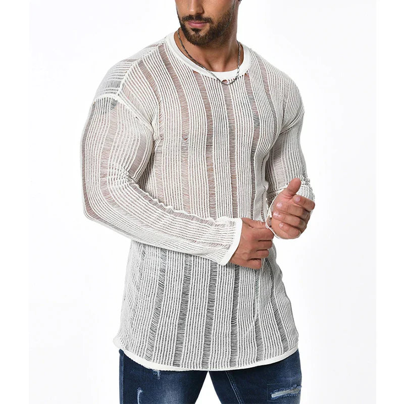 maoxiangshop Sexy See Through Knitted T Shirt Mens Long Sleeve O Neck Slim Stretch Knit Tops For Men Casual Breathable Solid Color Pullovers