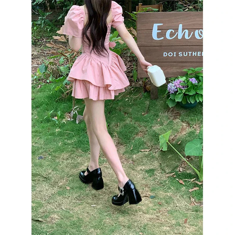 maoxiangshop - Y2K Pink Mini Dress Women Sweet Belt Square Collar One Pieces Dresses Party Prom Korean Cute Puff Sleeve Bodycon A Line Vestidos