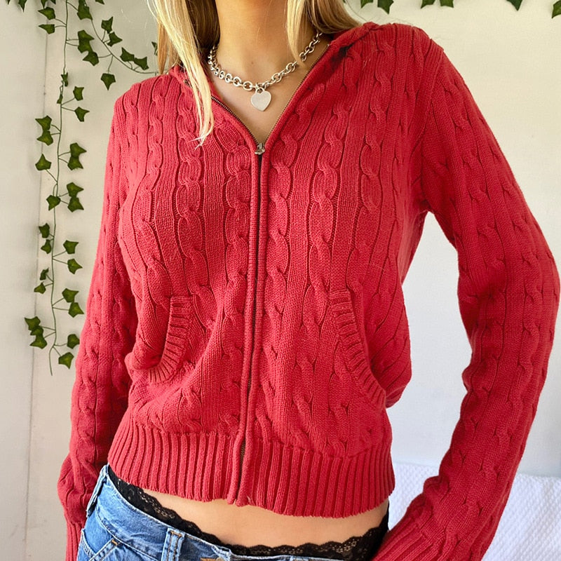 Vintage Brown Y2K Hooded Sweaters Women Autumn Winter Lantern Sleeve Zip Up Jacket Cardigan Knitted Hoodies Cropped Cardigan